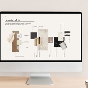 Pode incluir: Um monitor de computador exibe uma paleta de materiais para design de interiores. A paleta inclui amostras de madeira preta, pedra cinza, terrazzo claro e outras texturas. O texto na tela diz "Paleta de Materiais" e "Os materiais propostos foram selecionados para o seu interior."