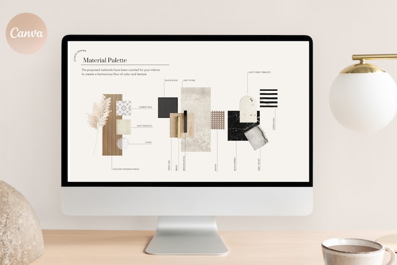 Pode incluir: Um monitor de computador exibe uma paleta de materiais para design de interiores. A paleta inclui amostras de madeira preta, pedra cinza, terrazzo claro e outras texturas. O texto na tela diz "Paleta de Materiais" e "Os materiais propostos foram selecionados para o seu interior."