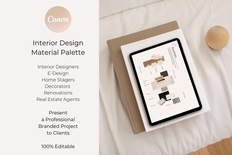 Puede incluir: Una tableta digital que muestra un tablero de inspiraci&oacute;n con varias texturas y colores. El tablero de inspiraci&oacute;n est&aacute; etiquetado como "Paleta de materiales" y est&aacute; dise&ntilde;ado para dise&ntilde;adores de interiores, dise&ntilde;adores en l&iacute;nea, decoradores de interiores, decoradores, renovadores y agentes inmobiliarios. El texto "Presentar un proyecto profesional de marca a los clientes" tambi&eacute;n est&aacute; incluido. La tableta est&aacute; encima de un libro marr&oacute;n y una superficie blanca.