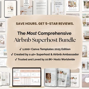 Paquete Superhost de Airbnb 2026, plantillas de Canva, libro de bienvenida, señalización de Airbnb, arte mural