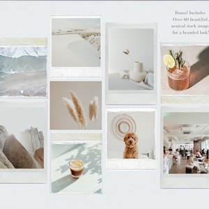 May include: A collage of nine Polaroid-style photos featuring various neutral-toned images, including a beach scene, a vase with greenery, a cocktail, a dog, a coffee cup, and a cafe interior. The text "Bonus! Includes Over 60 beautiful. neutral stock images for a branded look!" is visible at the top of the image.