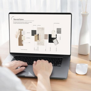 Puede incluir: Un ordenador port&aacute;til que muestra una paleta de materiales para dise&ntilde;o de interiores. La paleta incluye varias texturas y colores, como madera, piedra y tela. El texto en la pantalla dice "Material Palette".