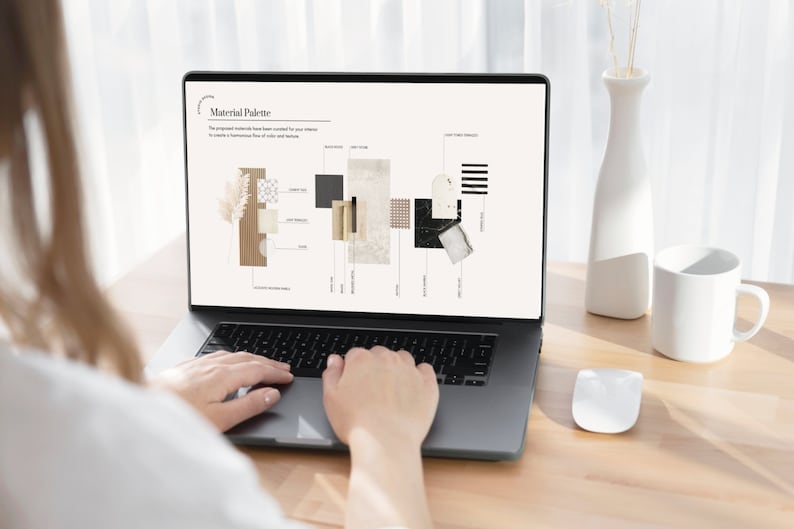 Puede incluir: Un ordenador port&aacute;til que muestra una paleta de materiales para dise&ntilde;o de interiores. La paleta incluye varias texturas y colores, como madera, piedra y tela. El texto en la pantalla dice "Material Palette".