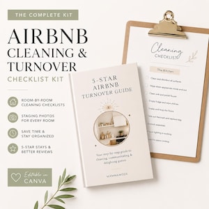 以下が含まれることがあります： Airbnbホスト向けのベージュ色の清掃・入れ替えキット。5-STAR AIRBNB TURNOVER GUIDEというタイトルのガイドと、清掃チェックリストが挟まれたクリップボードが含まれています。部屋ごとのチェックリストや写真があり、Canvaで編集可能です。
