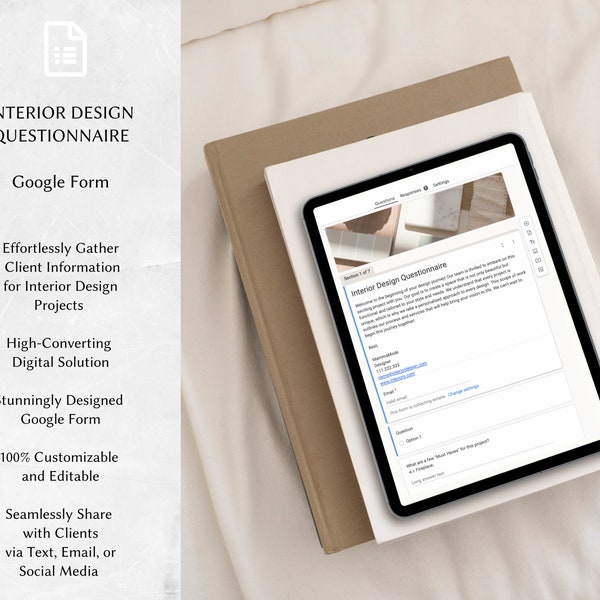 Questionnaire sur la décoration d'intérieur | Formulaires Google | Formulaires d'admission des clients | À remplir | Téléchargement numérique | Toile | Design d'intérieur | IDI