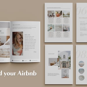 May include: A guidebook for Airbnb guests with a welcome message, information about the host, location recommendations, food and drinks, and things to do. The guidebook has a minimalist design with white text on a light gray background.