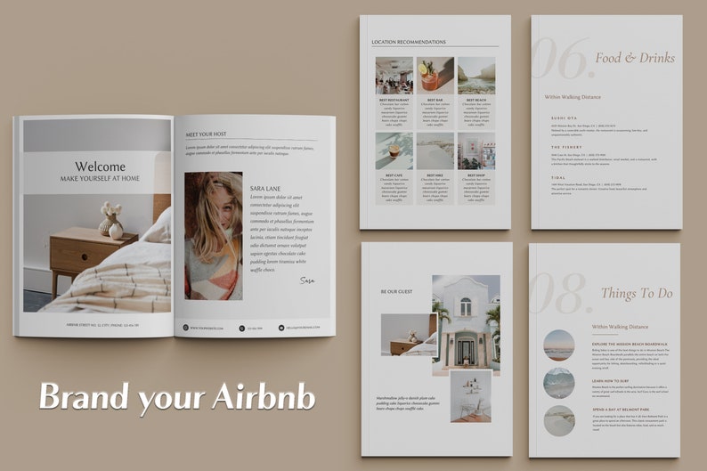 May include: A guidebook for Airbnb guests with a welcome message, information about the host, location recommendations, food and drinks, and things to do. The guidebook has a minimalist design with white text on a light gray background.
