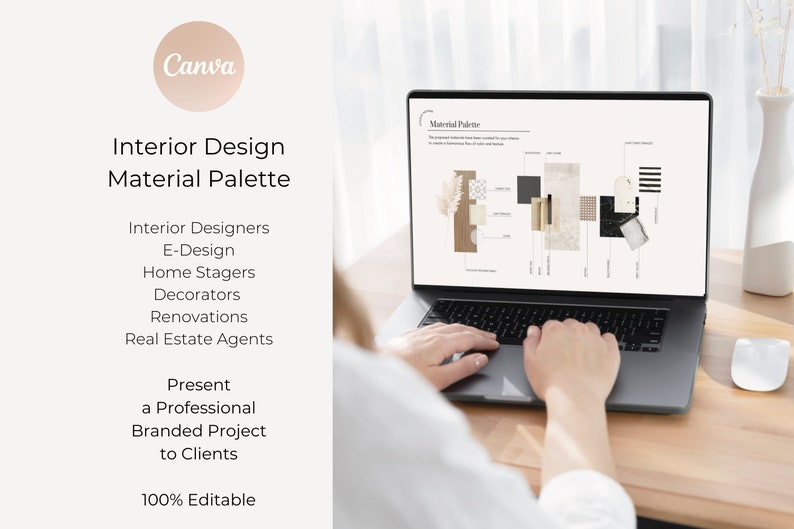 Pode incluir: Um laptop exibe uma paleta de materiais de design de interiores com v&aacute;rias amostras. A tela mostra texto e elementos de design. O logotipo da Canva &eacute; vis&iacute;vel. A imagem tamb&eacute;m inclui texto sobre design de interiores e renova&ccedil;&otilde;es.