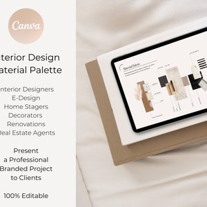 Pode incluir: Um tablet digital exibindo uma paleta de materiais de design de interiores, repousando sobre uma pilha de papel branco e marrom. A tela do tablet mostra v&aacute;rias amostras de materiais. O texto diz "Interior Design Material Palette" e "Canva".