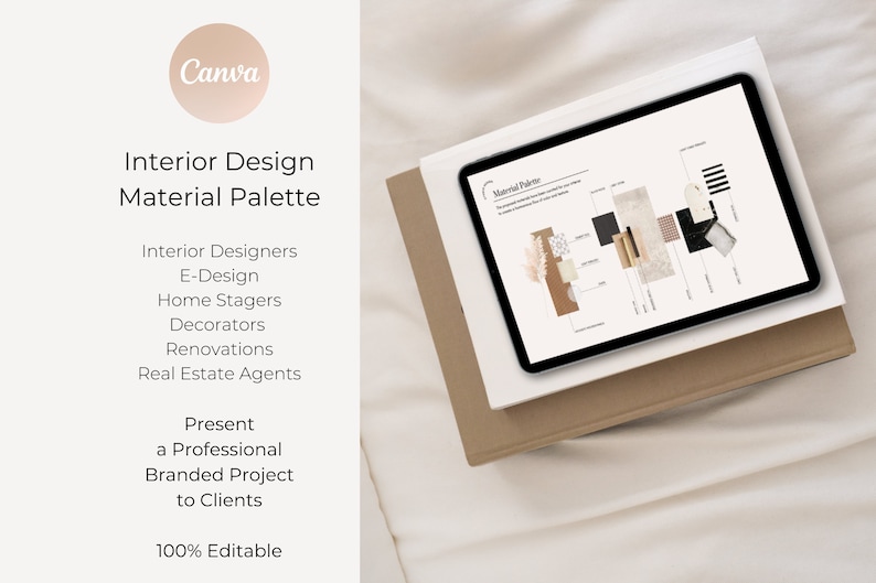 Pode incluir: Um tablet digital exibindo uma paleta de materiais de design de interiores, repousando sobre uma pilha de papel branco e marrom. A tela do tablet mostra v&aacute;rias amostras de materiais. O texto diz "Interior Design Material Palette" e "Canva".