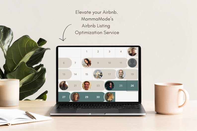 Peut inclure: Un ordinateur portable avec un calendrier &agrave; l'&eacute;cran. Le calendrier est rempli de photos de personnes. Le texte &agrave; l'&eacute;cran indique "Elevate your Airbnb. MammaMode's Airbnb Listing Optimization Service."