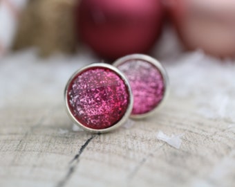 Ohrstecker Silber Glitzer | Rosa | Cabochon | 14mm Durchmesser