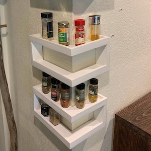 Set of 3: Kitchen corner custom shelves with lips, Floating Wrap Around Wall Shelves, Custom Wooden Kitchen Organizer