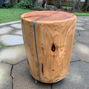 Cedar Stump/Side Table with colored epoxy and wheels from solid wood, made in USA.