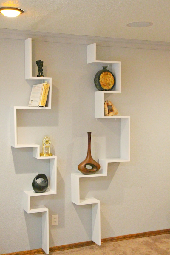 Geometric Modern Floating Wall Shelves, Wall Mounted Mitred Shelving Unit,  Large Entryway Organizer, Key Organizer, Phone Mail Holder, 