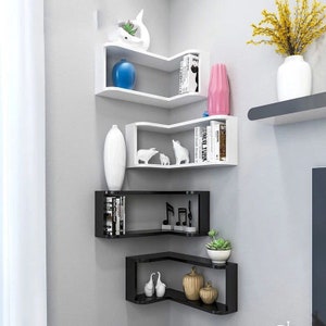 Set of 4 shelves: black and white. Modern corner shelf. Floating Wrap Around Wall Shelves, Wall Mounted Corner Shelving Unit