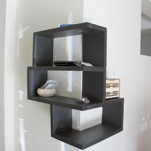 Black Modern corner shelf. Floating Wrap Around Wall Shelves, Wall Mounted Corner Shelving Unit