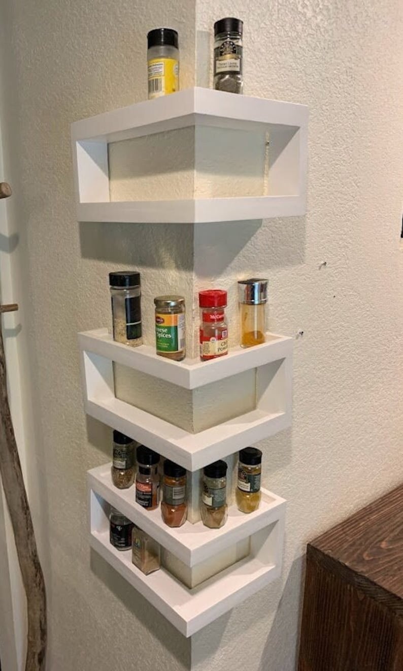 Set of 3: Kitchen corner custom shelves with lips, Floating Wrap Around Wall Shelves, Custom Wooden Kitchen Organizer image 1