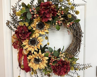 Sunflower fall wreath for front door, Woodsy fall wreath, Outdoor wreath for porch, Rustic Twig Wreath