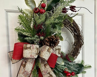 Traditional Winter wreath with reindeer for front door, Rustic Outdoor Porch Decor, Winter Wreath with red berries and pine cones