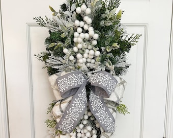 Winter evergreen swag for front door,  Large winter swag, Snowy Evergreen Swag, Winter wreath for front door