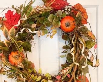 Fall wreath for front door with pumpkins,  Rustic Fall Wreath,  Rustic Fall Wall Decor, Thanksgiving Twig Wreath,