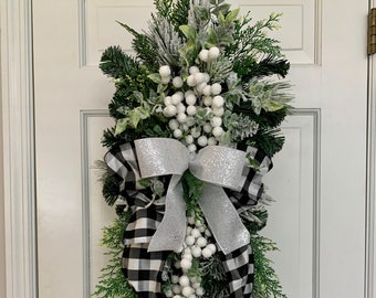 Winter evergreen swag for front door,  Large Buffalo plaid/check winter swag, Snowy Evergreen Swag