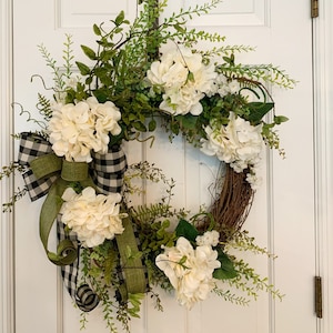 White hydrangea wreath for front door, Garden Wreath, Spring Wreath, Summer Wreath, Porch Wreath, Mother&#39;s Day, Twig Wreath
