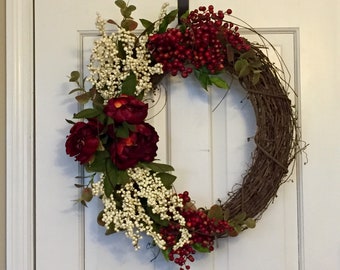 Winter Berry Wreath for front door, Christmas Floral and Berry wreath, Elegant Rustic Christmas Decor