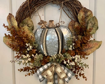 Rustic Fall Farmhouse wreath for front door, Rustic Twig Pumpkin Wreath, Metal pumpkin wood beads door hanger