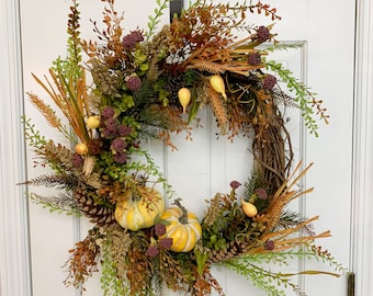 Fall wreath for front door with pumpkins, Rustic Outdoor fall decor, Fall Porch decor, Fall Pumpkin Twig Wreath