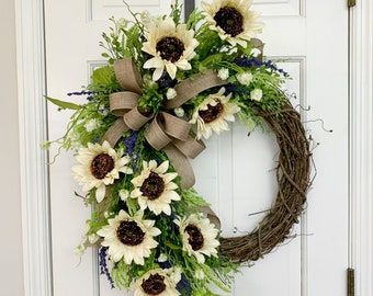 Sunflower wreath for front door, Summer outdoor wreath, Fall Porch decor,  Sunflower Twig Wreath