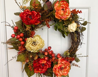 Fall wreath for front door with pumpkin and peonies, Rustic woodsy fall wreath, Fall porch decor, Rustic Twig Wreath
