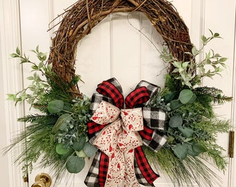 Traditional woodsy wreath for front door,  Winter greenery wreath, Christmas Porch Decor, Winter Twig Wreath