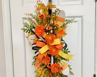 Fall Candy Corn swag for front door, Fun Fall Rustic wreath swag, Halloween Outdoor decor,  Autumn Front Porch decor