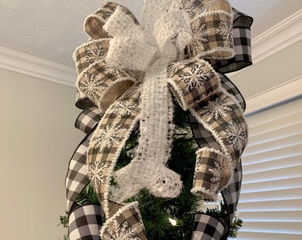 Neutral Farmhouse Buffalo Check Christmas Tree Topper bow, Snowflake Christmas Tree Topper, Large Lantern Bow