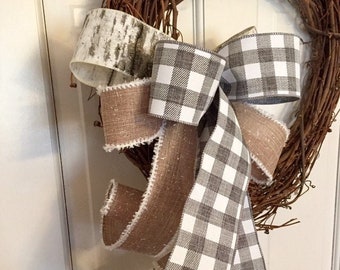 Farmhouse Bow for wreath or lantern, Neutral bow, Buffalo check bow, Centerpiece bow, Garland bow, Gray decor