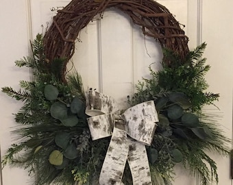 Rustic Winter wreath for front door, Simple Elegant Christmas wreath, Woodsy Winter Wreath, Outdoor winter wreath for front door