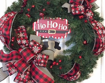 Christmas Santa wreath for front door, Red buffalo plaid/check