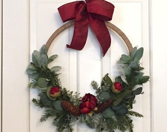 Simple Winter hoop wreath | Red Peony hoop wreath | Farmhouse Peony Wreath