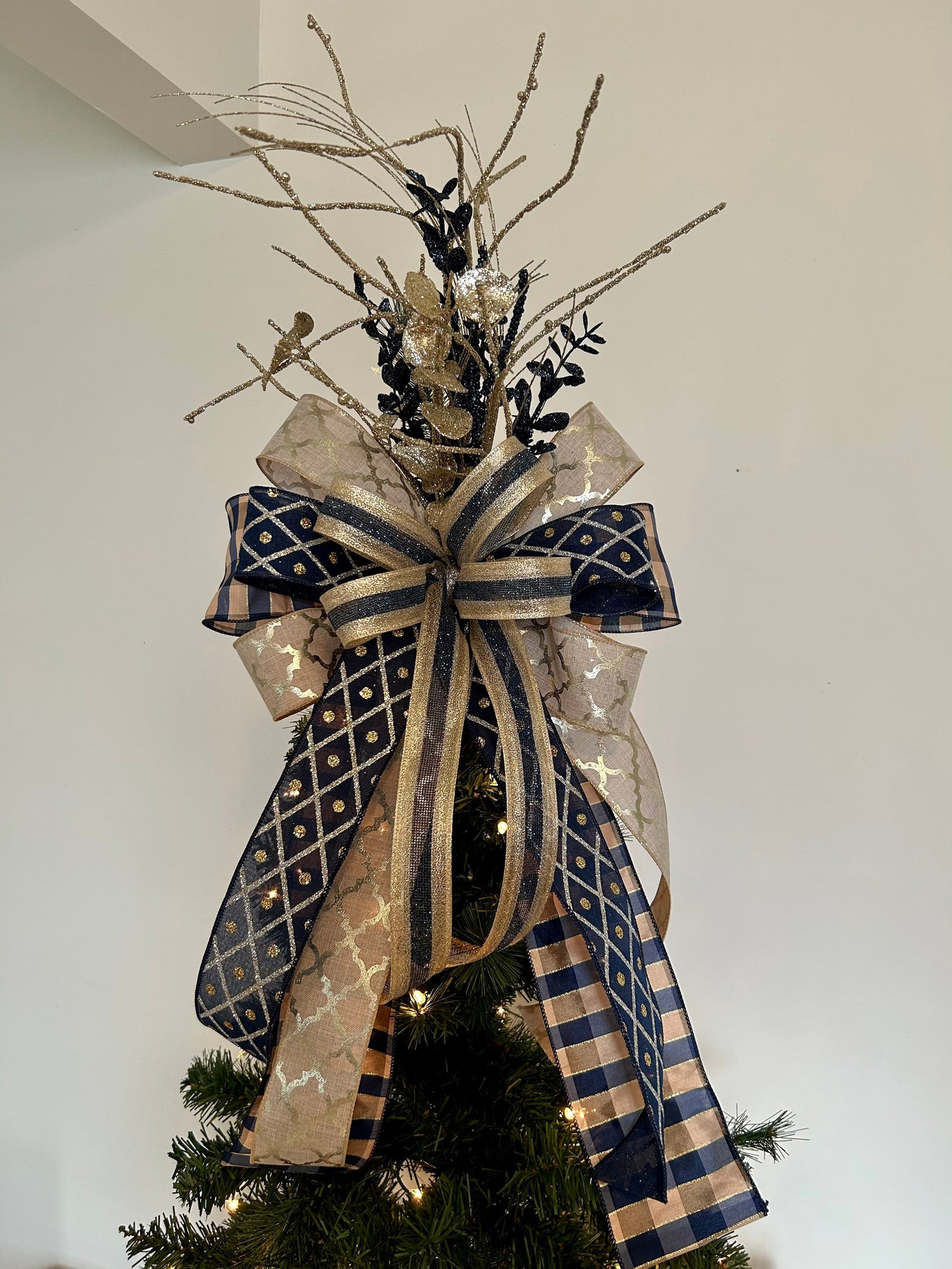 Navy and Gold Christmas Tree Bow Topper Elegant Holiday Tree - Etsy