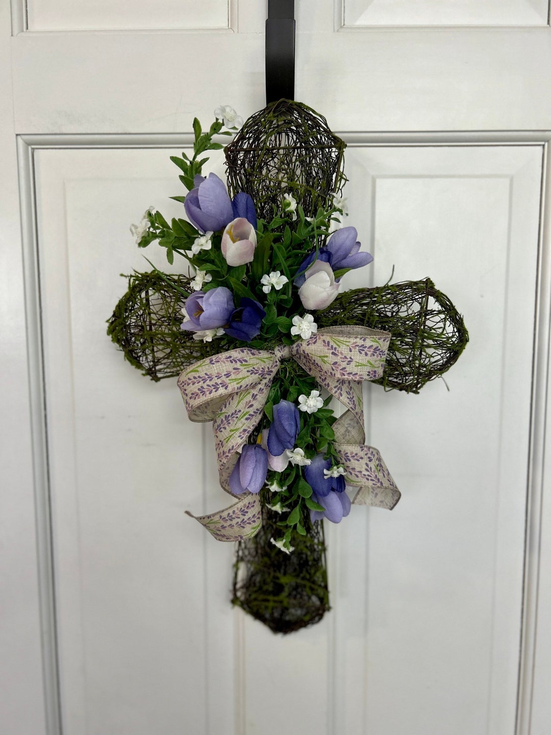 Easter Moss Cross for Front Door, Spring Cross Wall Decor, Tulip