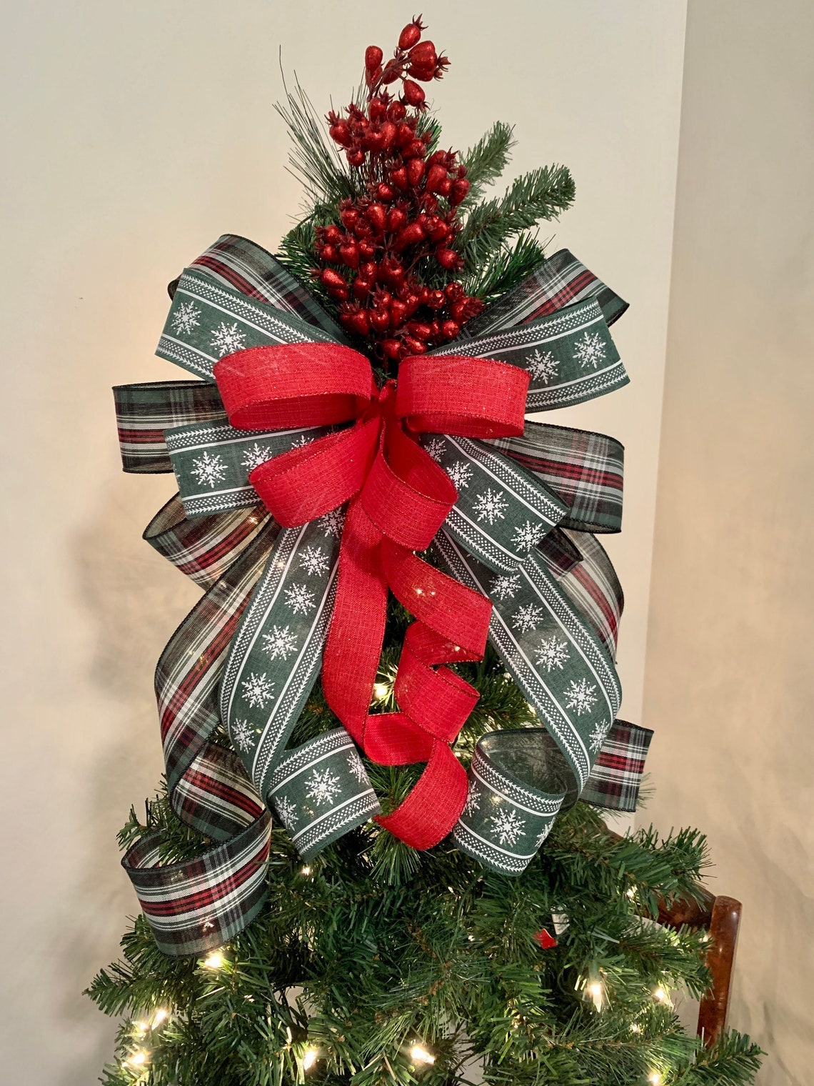 Traditional Christmas Tree Topper Bow With Red Berries Rustic Etsy