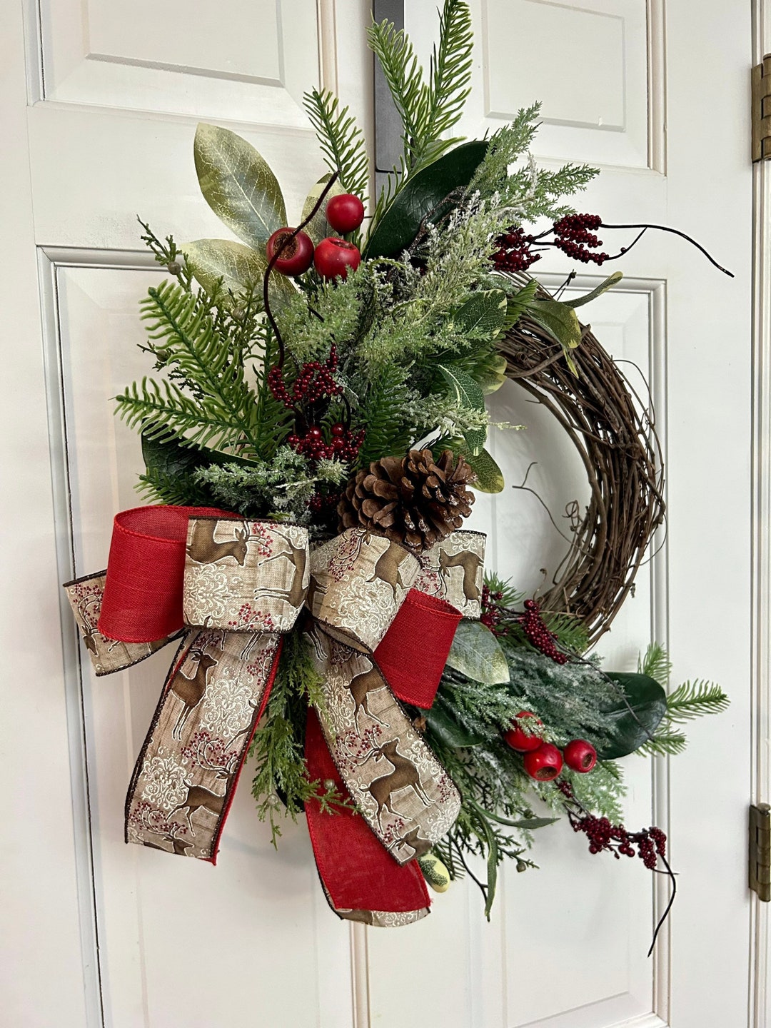 Traditional Winter Wreath With Reindeer for Front Door Rustic - Etsy