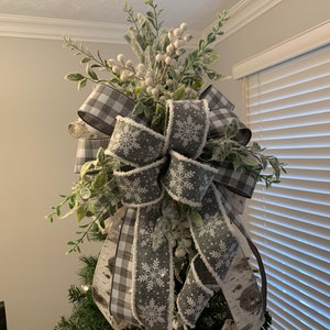 Christmas Tree Topper Bow, Tree Topper Bow, Gray Buffalo Plaid/Check, Farmhouse Christmas image 1