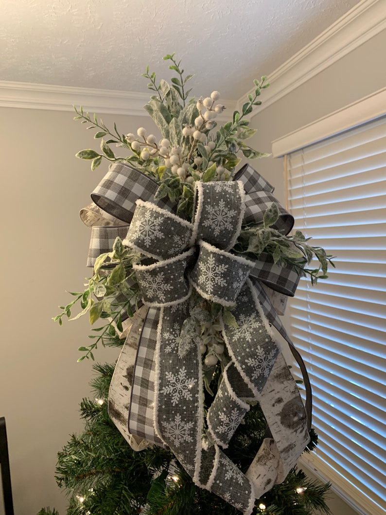 Christmas Tree Topper Bow, Tree Topper Bow, Gray Buffalo Plaid/Check, Farmhouse Christmas image 1