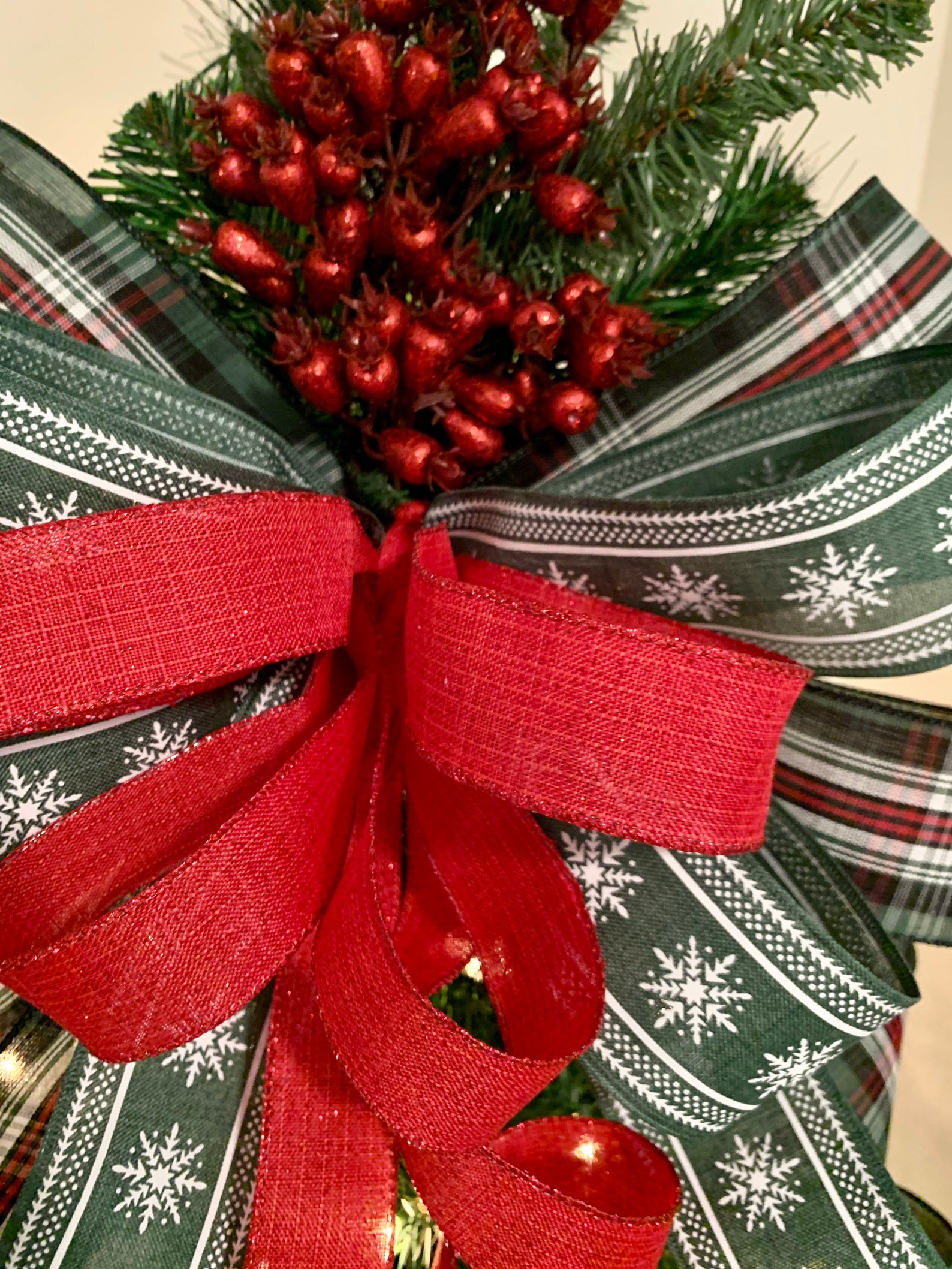 Traditional Christmas Tree Topper Bow With Red Berries Rustic Etsy