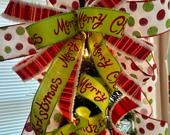 Fun Merry Christmas Tree Topper, Whimsical Polka Dot Bow Tree Topper, Christmas Lantern Swag