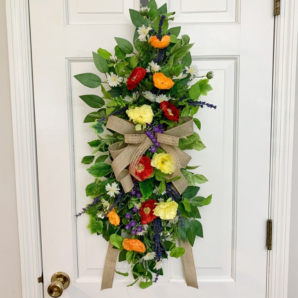 Summer swag wreath for front door, Wildflower  swag, Colorful Everyday swag