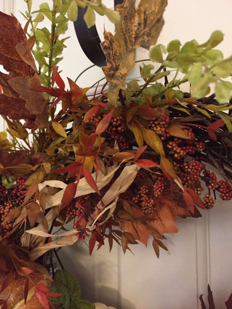 leaves on grapevine Rustic fall wreath with pumpkins pinecones